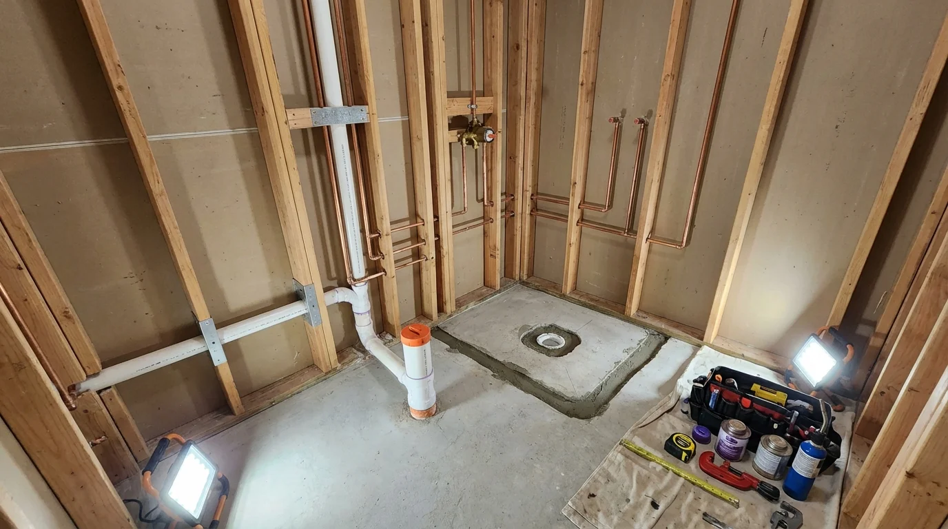 Bathroom rough-in plumbing during remodel by Johns Plumbing LLC in Barneveld
