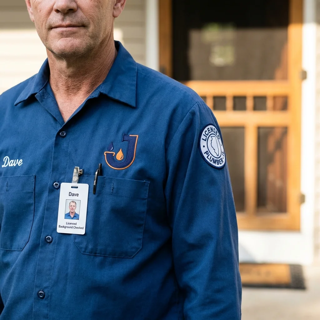 Licensed plumber showing ID badge in Barneveld, WI