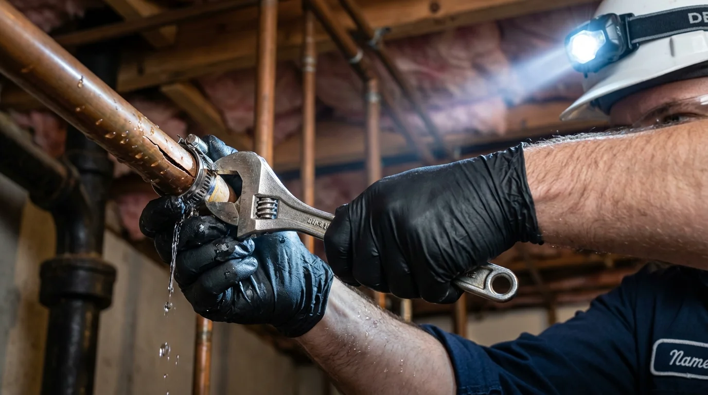 Emergency pipe clamp repair being performed by a Johns Plumbing LLC plumber in Barneveld