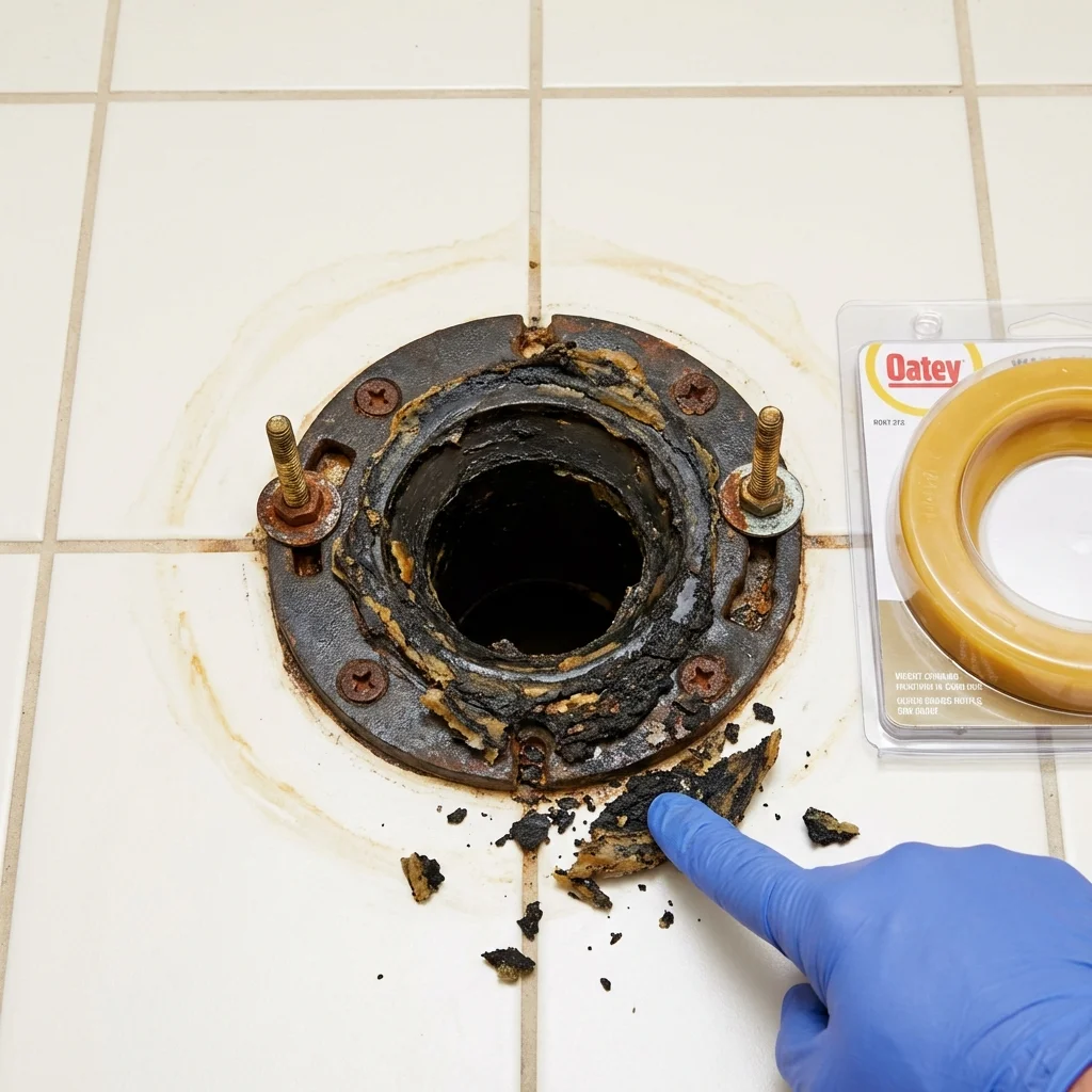 Failed wax ring showing water seepage at the base of a toilet in a Barneveld, WI home