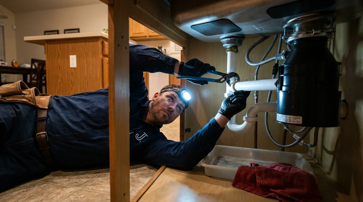 P-trap and supply line connections under a kitchen sink showing a common leak point in Barneveld, WI